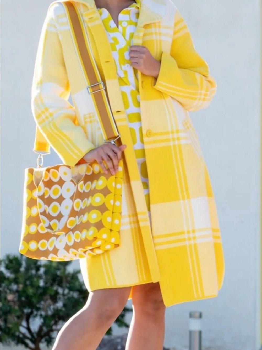 Lesley Evers Natalie Knit Plaid Coat Yellow White XX NWT - Picture 2 of 9